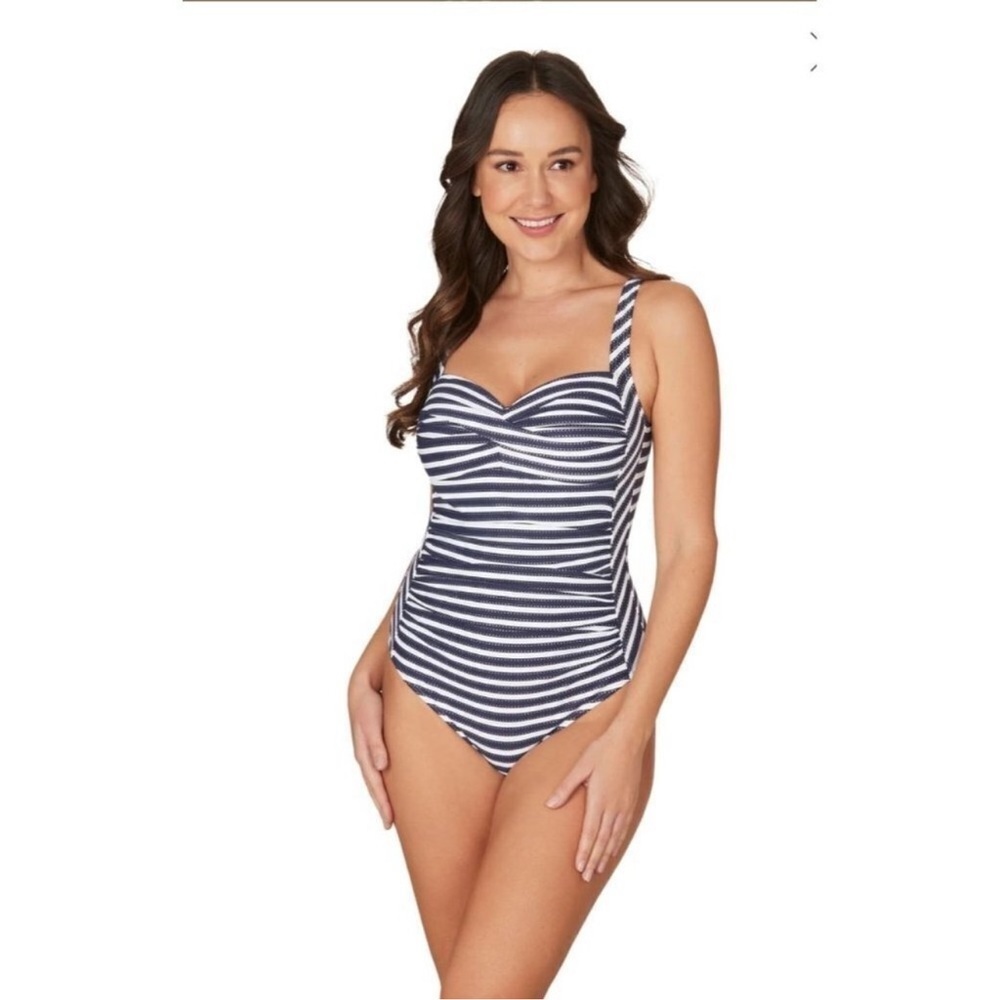 Nip Tuck Shirred Nautical Navy White and Silver Stripe One Piece US Size 12